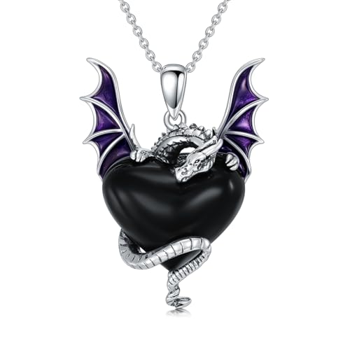 Dragon Necklace for Women 925 Sterling Silver Natural Black Onyx Dragon Pendant Necklace Jewelry