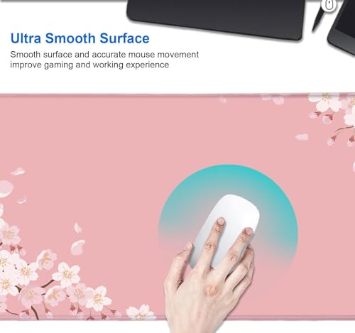 Image of IMAYONDIA Pink Japanese Desk Mat, Cherry Blossom Large Gaming Mouse Pad, Non-Slip Rubber Base Mousepad for Women, Desk Pad for Work, Game, Office, 31.5x11.8 Inch- Sakura Flowers Aesthetic