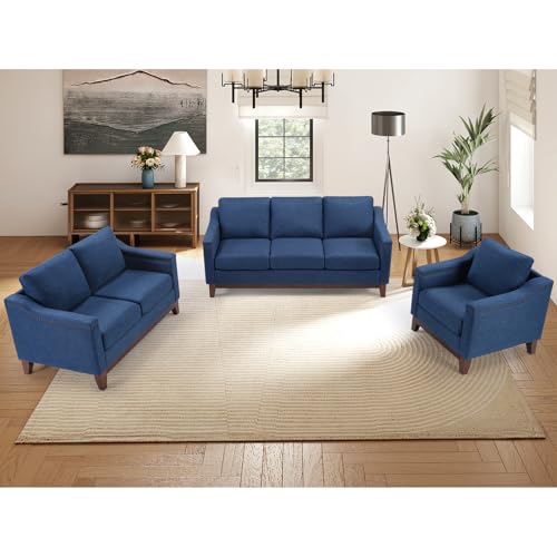 Image of Modern 3 Piece Sofa Set with Rivets, Included Chenille Accent Chair, Loveseat 2-Seater Sofa and Upholstered 3-Seater Couches with Solid Wood Legs, Living Room Furniture Set,Blue
