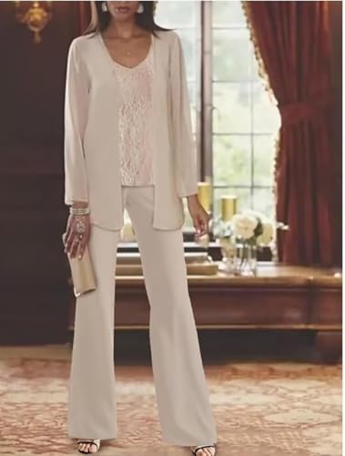 Elegant Lace Applique Pant Suits for Women Dressy Plus Size 3 PCS Taupe Mother of The Bride Dresses for Wedding Pantsuits with Jacket,US16W2