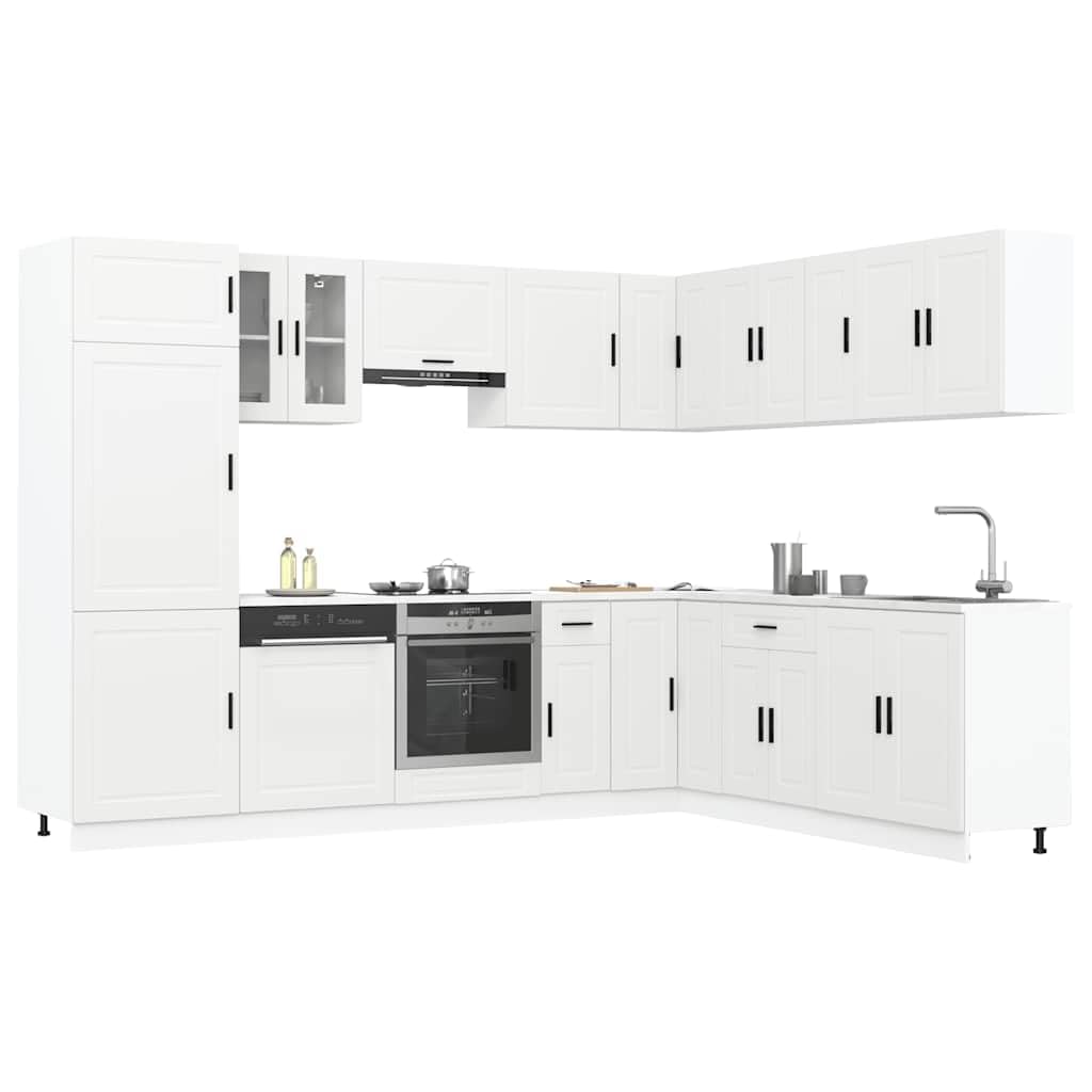 Set Mobili da Cucina 14 Pezzi Porto Bianco in Legno Multistrato | Soluzione componibile salvaspazio per cucina con piedini regolabili e ampi scomparti interni