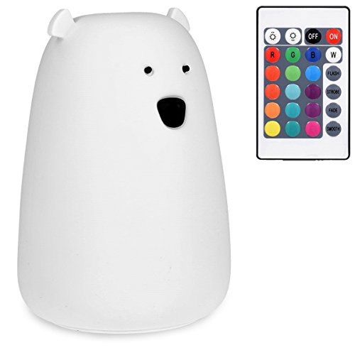 Navaris luz nocturna infantil con forma de oso - Iluminación LED con control remoto y cable microUSB - Cambio de color RGB y sensor táctil en blanco