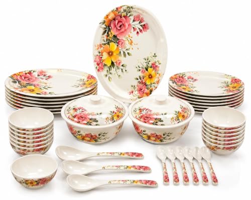 Image of 32-Piece Premium Melamine Dinner Set for 6 | Floral Printed Dinnerware Set with Plates, Bowls, Serving Bowls, Lids & Spoons (Blush Bloom)