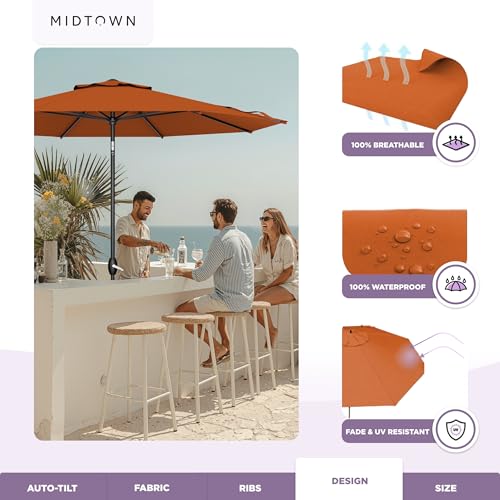 Image of Midtown Umbrellas - The Lean 9 Ft Patio Umbrella with 10-Year-No-Fade Acrylast Acrylic Fabric, Auto-Tilt and 8 Reinforced Ribs for Deck, Pool, Garden, Hotel & Cafes - Sienna Rust Canopy, Black Pole