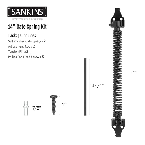 Image of 14 inch Gate Spring Self Closing Heavy Duty Outdoor Door Spring Automatic Metal Gate Closure Hardware with Adjustable Tool for Wooden and Vinyl Fence, Black, 2 Pcs