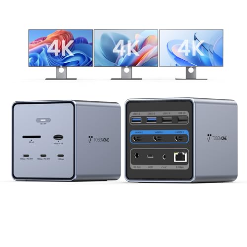 Image of TobenONE 16-in-1 Laptop Docking Station 𝗧𝗿𝗶𝗽𝗹𝗲 𝟰𝗞 Monitor with 150W Power Supply, 3 HDMI, 2.5Gbps Ethernet, 7 USB, USB-C Docking Station for Thunderbolt 5 /4 /3 Windows /Dell /Lenovo /HP /Asus