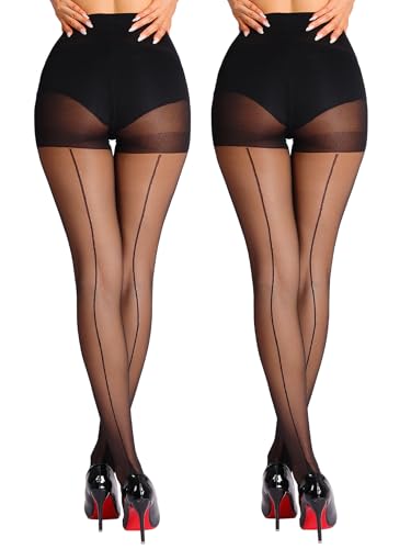 2 Pairs Sheer Backseam Tights for Women, Cuban Heel Stockings with Reinforced Toes & Control Top Pantyhose