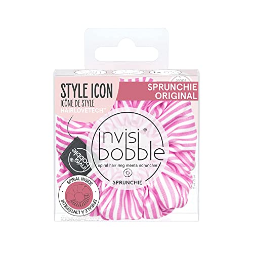 Invisibobble Sprunchie coletero blanco y rosa Stripes Up x1 - Scrunchie de tela con goma de pelo en espiral al interior - Coleteros pelo mujer confortable