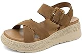 UBFEN Womens Espadrille Platform Sandals Low Wedge Heel - Orthopedic Arch Support, Cushion Insole, Comfortable Dressy Buckle Sandals for Walking and Vacation B Brown Size US 8.5