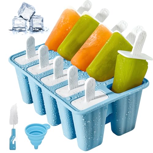 Moldes para Helados de Silicona, Moldes Helados con Embudo y Cepillo de Limpieza, Reutilizable Moldes para Paletas, Ice Cream Mold para Niños, Adultos (Azul, 10 Cavidades)