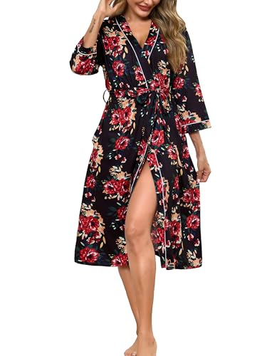 Lovasy Women Dressing Gowns Long Knit Robe Ladies Kimono Dressing Gown Lightweight Causal Bath Robe 3/4 Sleeve Women's Robes with Pockets,Brown Black,XXL