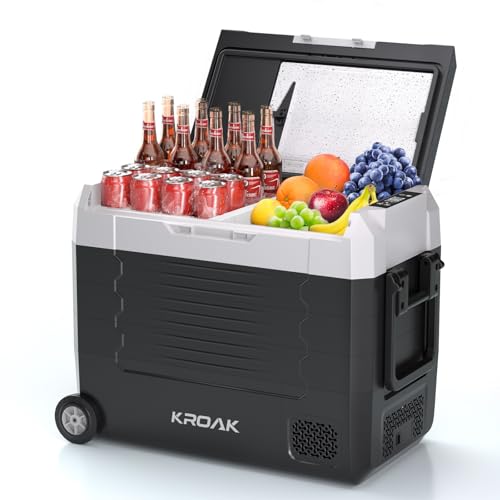 KROAK Nevera Portátil Coche 55L con Doble Zona y Ruedas, -20°C/+20°C Compresor Silencioso 45W para Camping/Viajes Familiares, Alimentación 12/24V DC + 220V AC