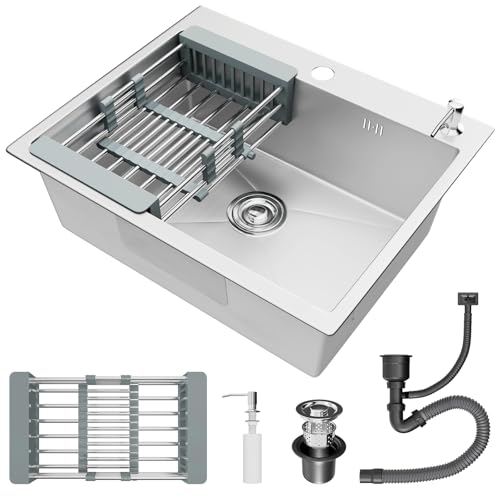 STANEW Lavello Cucina in Acciaio Inox 55 x 45cm,con Dispenser sapone, Lavello da Incasso A 1 Vasca,con Troppopieno e Sifone,Argento