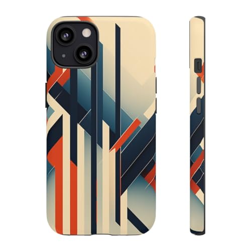 Coque iPhone 13 rigide mate aux motifs de lignes abstraites géométriques orange et bleu