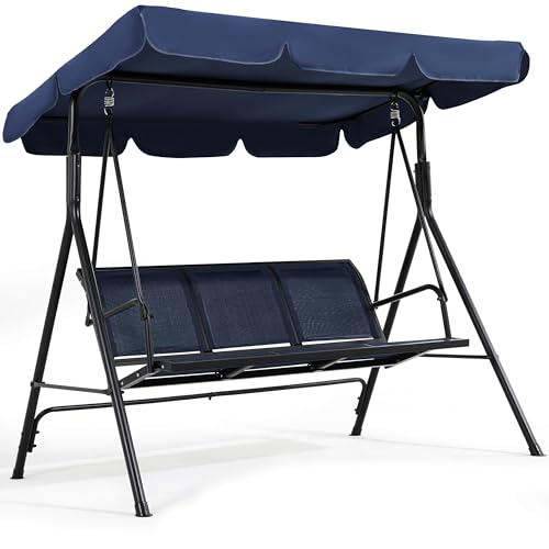 Image of Yaheetech Outdoor Porch Swing Chair for Adults, 3-Seat Patio Sunset Hanging Swing w /Texteline Fabric & Adjustable Canopy & Armrests, Canopy Lounge Chair for Backyard /Garden /Balcony, Blue | Weatherproof Material, Adjustable Sunshade, Removable Cushions, Lounge Seating, Sturdy Frame for Garden, Pool, Yard, Porch