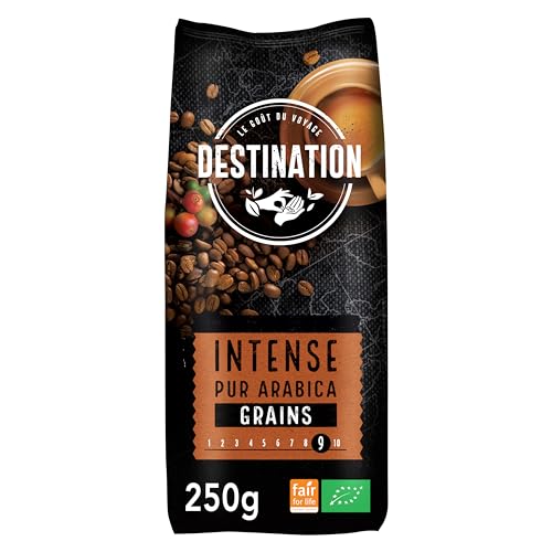 Destination - Café Ecológico Comercio Justo en Grano - 1 kg - Café Especialidad 100% Pur Arábica - Café Orgnánico - Tostado Artesanalmente - Ideal solo o con leche - Intensidad Muy Alta