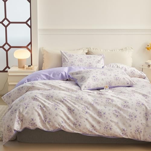 VM VOUGEMARKET Purple Flower Duvet Cover Set Twin Cotton 3 Pcs Girls White Lavender Comforter Cover with Zipper Closure,Romantic Duvet Cover + 2 Pillowcases for Spring