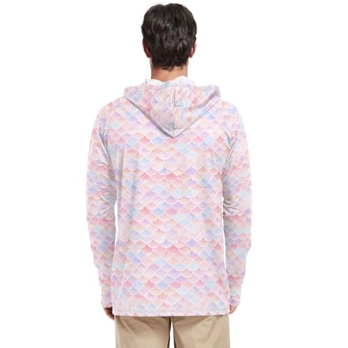 Fish Scales Pink Blue Mens Hoodie Sun Protection Long Sleeve UPF 50 Mens Sun Shirt Active Wear UV Rash Guard with Hood3