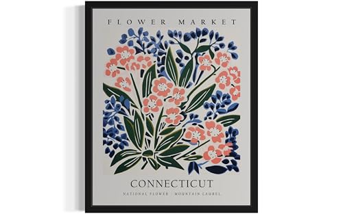 Connecticut Flower Market Poster Art Print Botanical Wall Art Painting, Pastel Floral State Decor for Living Room and Bathroom 37 (Connecticut Flower Market, 14"L x 11"W, Unframed)