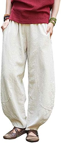 IXIMO Women's Casual Cotton Linen Baggy Pants with Elastic Waist Pleated Relax Fit Trousers