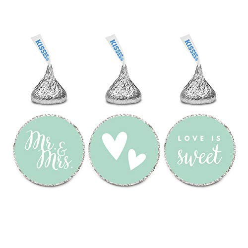 Andaz Press Chocolate Drop Labels Trio, Fits Kisses, Wedding Mr. & Mrs, Mint Green, 216-Pack, for Bridal Shower, Engagement Party Favors, Gifts, Stationery, Envelopes, Decor, Decorations
