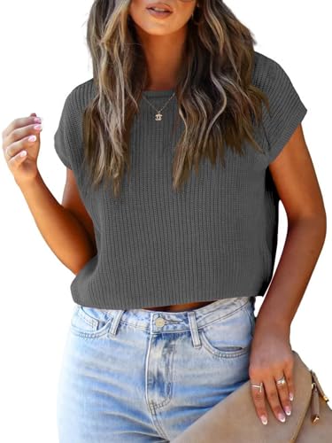Image of LCXWFE Womens Summer Cropped Sweater Vest Trendy Cap Sleeve Crop Tops Crew Neck Loose Knit Tank Top