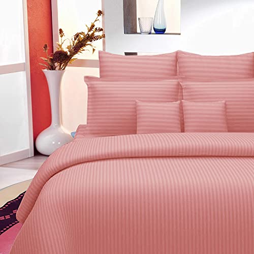 Image of 300 TC Glace Cotton Plain Stripe Queen Size Single Bedsheet with 1 Pillow Cover for Home, Hotel, Guest Room (60 X 90) Inch Rose Gold Pack 1
