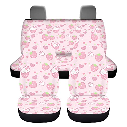 Image of Modysero Strawberry Print Pink Car Set Cover Full Set Durable Soft Front Rear Bench Seat Cover Set for Women Elastic Breathable Automotive Seat Protector Universal Fit All Cars Trucks