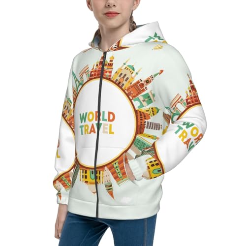 World Travel3 Kid Hoodies Boys Zip Up Sweatshirts Girls Pullover with Pocket