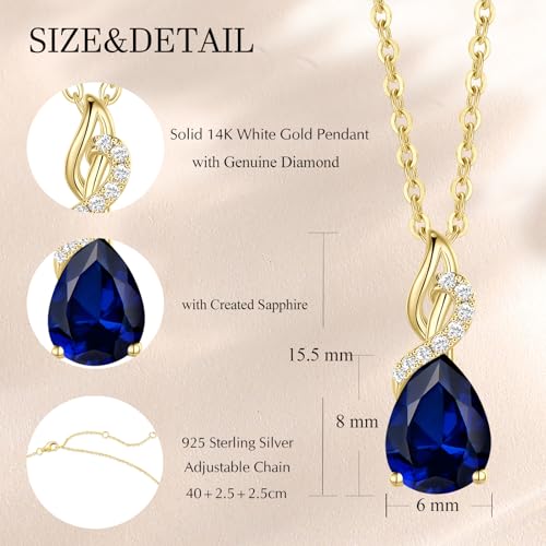 FANCIME 14K Solid Yellow Gold Teardrop Pendant with Diamond Birthstone Necklace Birthday Gifts for Mom Women, Sterling Silver Chain 16" + 2" Extender2