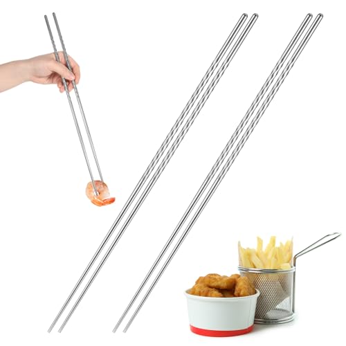 2 Pairs Stainless Steel Chopsticks with Non Slip Threaded, 15.3 Inch Extra Long Cooking Chopsticks Reusable for Hot Pot, Noodle, Cooking, Frying (Silver)