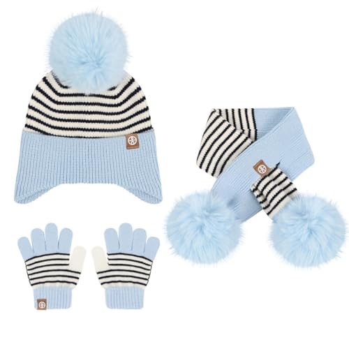 Children's Hats, Scarves, Gloves, Three-Piece Sets, Autumn and Winter Striped Warm Fur Balls, Knitted Ear Protectors