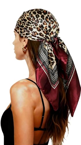 Bomabaolo 35 Headscarf for WomenSquare Silk-Like Headscarf Breathable Fashion Bandana Multiple ColorsWomens Gifts (Leopard Print Red)