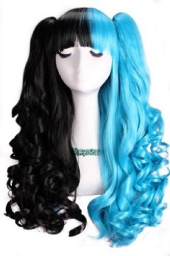 Long Blue Split Black Lolita Clip on Ponytails Cosplay Wig C22c