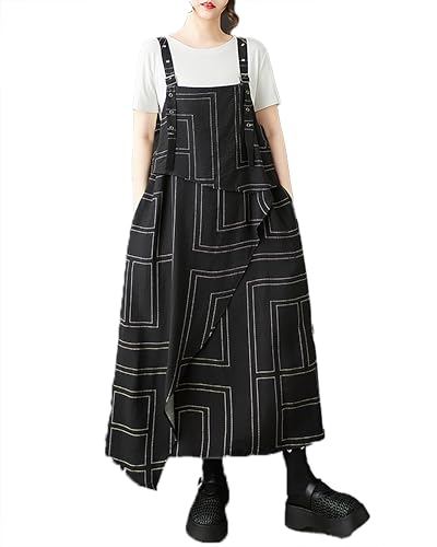 ellazhu Women's Pants Printed Plus Size Patterned Irregular Hem Adjustable Suspender Fashion Casual GZ554 A