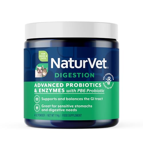 Image of NaturVet Advanced Probiotics & Enzymes Supplement for Dogs & Cats - 4 oz | Vet Strength PB6 Probiotic - Supports & Balances the GI Tract for Sensitive Stomachs, Powder