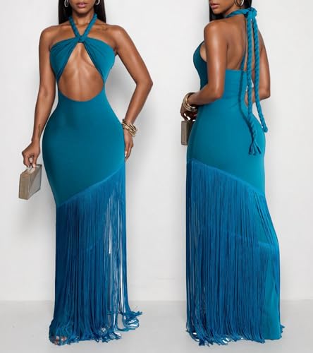 Image of Kwunbwa Women's Sexy Halter Backless Maxi Dress Cut Out Sleeveless Bodycon Long Fringes Club Party Cocktail Dresses