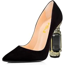 FSJ Women Bridal Pointed Toe Chunky High Heel Crystal Pumps Slip on Wedding Thick Comfort Unique Shoes Size 4-15 US