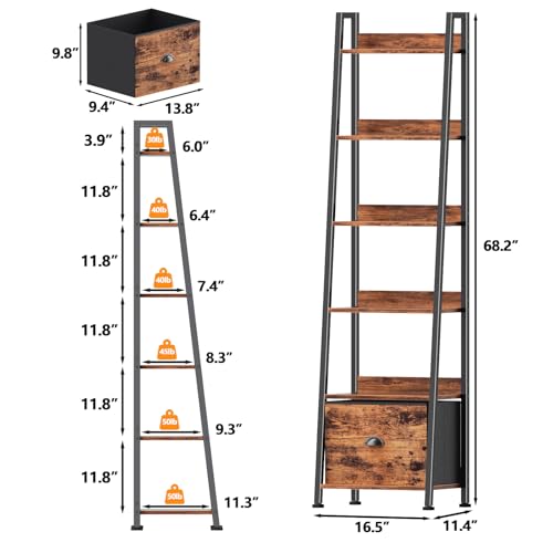 Image of Furologee Bookshelf Set of 2, 6-Tier Ladder Shelf, Ladder Bookshelf with Drawer, Set of 2 Bookshelves, Metal Storage Shelf for Living Room, Home Office, Bedroom, Balcony,Kitchen, Rustic Brown