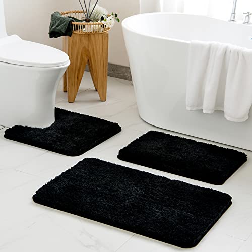 Miulee 3 Pieces Bathroom Rugs And Mats Sets Extra Thick Non Slip Microfiber Bath Mats And U-Shaped Contour Toilet Rug For Bath Room Floor Restroom,20"X30"+16"X24"+20"X20", Black #TOP16