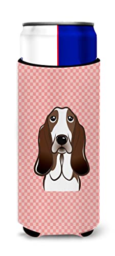 Checkerboard Pink Basset Hound Ultra Beverage Insulators for slim cans BB1243MUK
