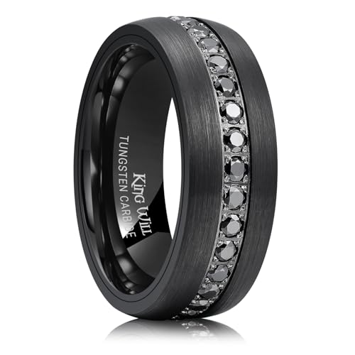 King Will 8mm Mens Black Tungsten Carbide Wedding Ring CZ Inlay Brushed Surface Domed Style 11
