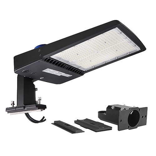 dephen 300W LED Parking Lot Light with Dusk to Dawn Photocell, 42000Lm 5700K Shoebox Pole Lamp, Outdoor Commercial Flood Lighting, 0-10V Dim, Direct Arm and Slip Fitter in One Mount (UL-Listed)