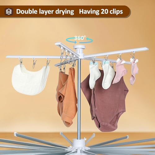 Image of 4-Leg Foldable Clothes Drying Rack with 20 Clips | Shoe Holder | 16Drying Rods | Portable Aluminum Laundry Hanger| with Wheels for Indoor & Outdoor Use