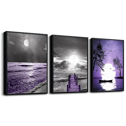 Black Framed Wall Decorations For Living Room Wall Art For Bedroom Modern Office Wall Decor Black And White Painting Ocean Purple Landscape Pictures Home Decor Artwork of 3 Piece Framed Art Prints