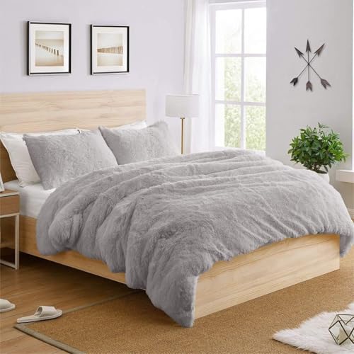 M-V-O Luxury Faux Fur Shaggy Duvet Cover Bed Set, Snuggle Cuddle Hugg Snug Duvet Cover Set, Super Soft Fluffy Fur Quilt Sets, Warm Thermal Cosy Winter Bedding Set (Silver, King)