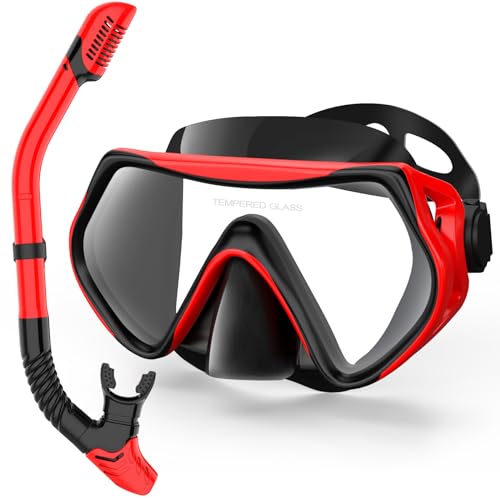 Snorkeling Gear for Adults, Dry-Top Snorkel Set Scuba Diving mask, 180°Panoramic Wide View Professional Snorkeling Gear Breathing Freely Snorkel Mask (Red)