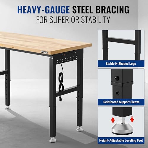 Image of WORKPRO 96 inch Adjustable Workbench, Power Outlet & Pegboard, 4000LBS Capacity