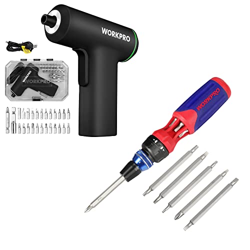 Workpro 12-In-1 Ratcheting Multi-Bit Screwdriver Set+4V Electric Cordless Screwdriver Set #TOP11