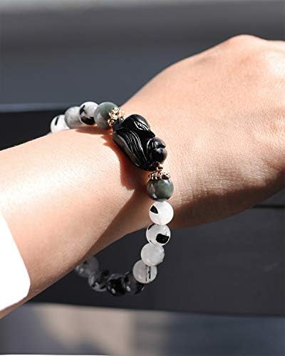 Jewboo Obsidian Fox Bracelet Black Rutilated Quartz Gemstone Healing Crystals Elastic Jewelry Gifts for Women